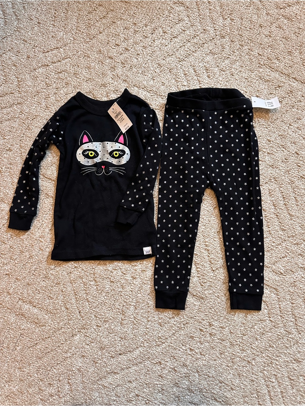 GAP Black Kids Pajama Set with Glitter Cat Face and Star Pants